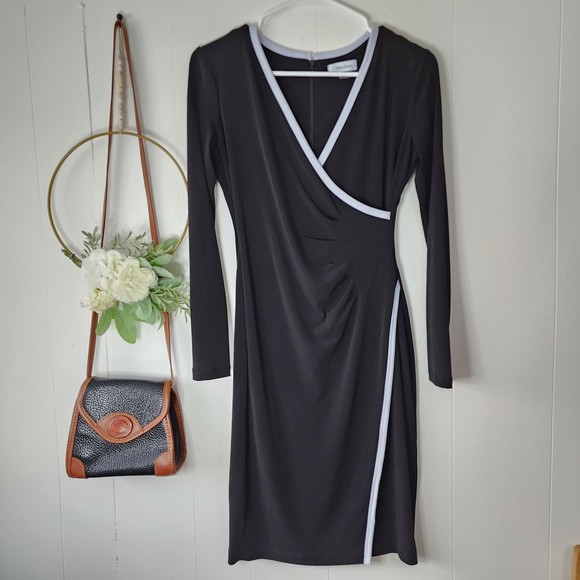 Calvin Klein Black Long Sleeve Faux Wrap Dress with White Trim
